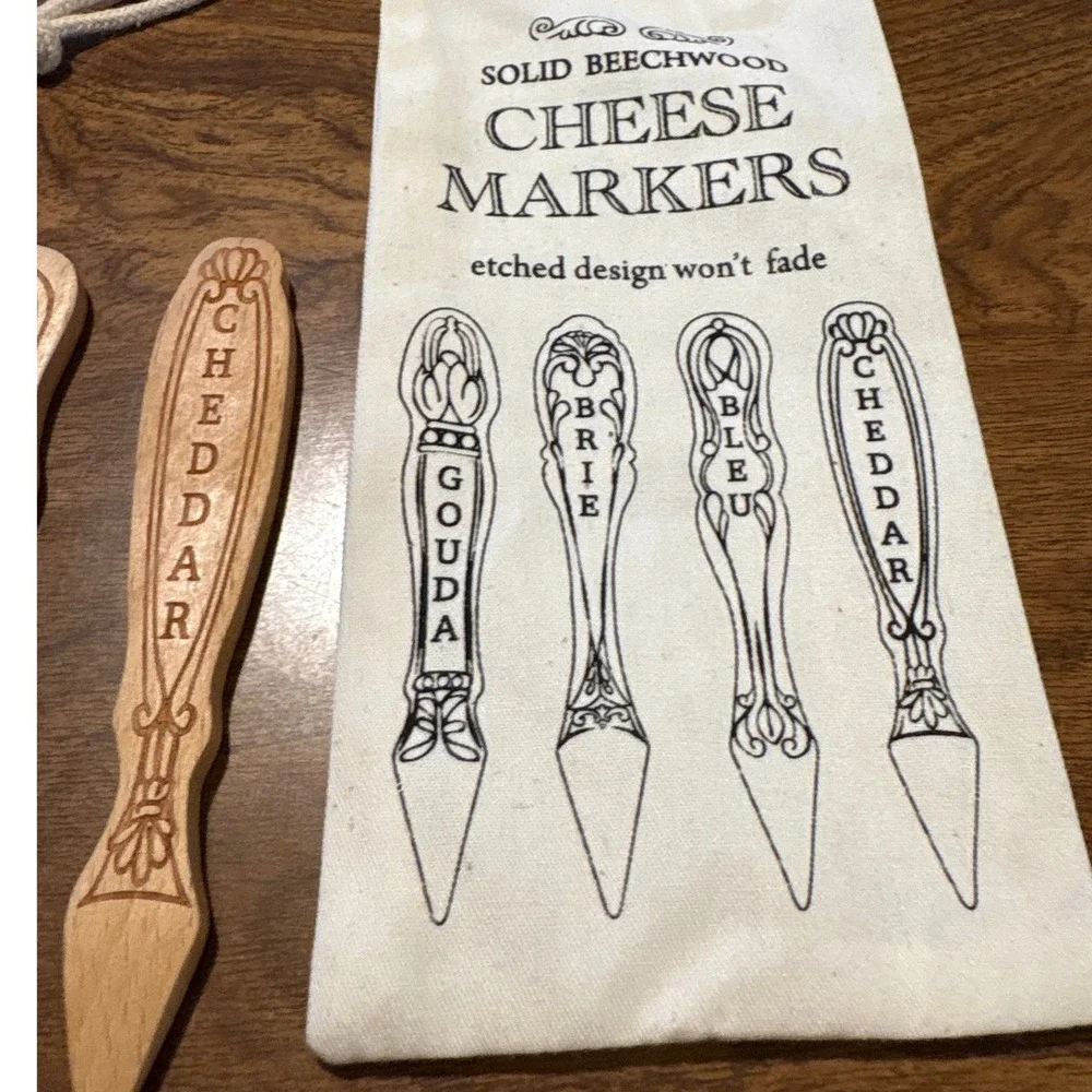Solid Beechwood Cheese Markers Set of 4 with Storage Bag Gouda Brie Bleu Cheddar